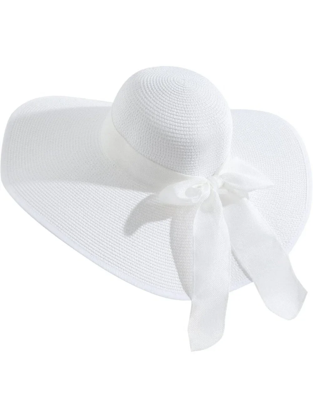 Women's White 5.7 Inches Big Bowknot Straw Hat Large Floppy Foldable Cap